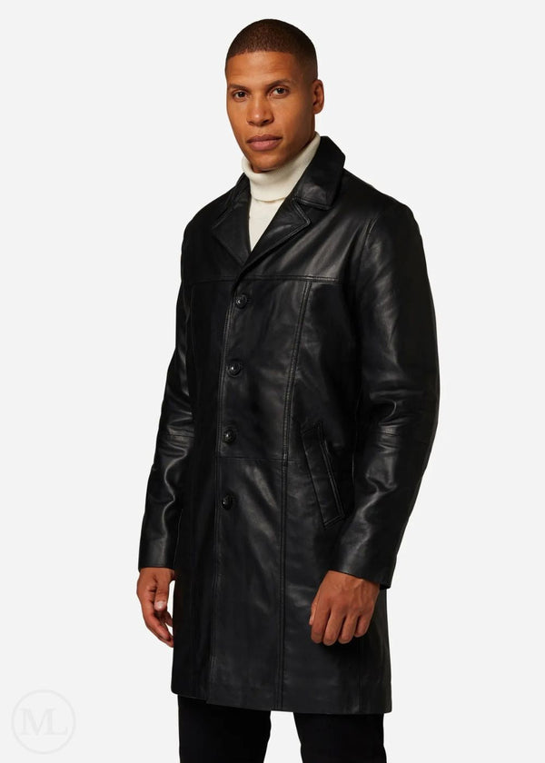 Adrianus – Men’s Nappa Black Leather Trench Coat with Lapel Collars