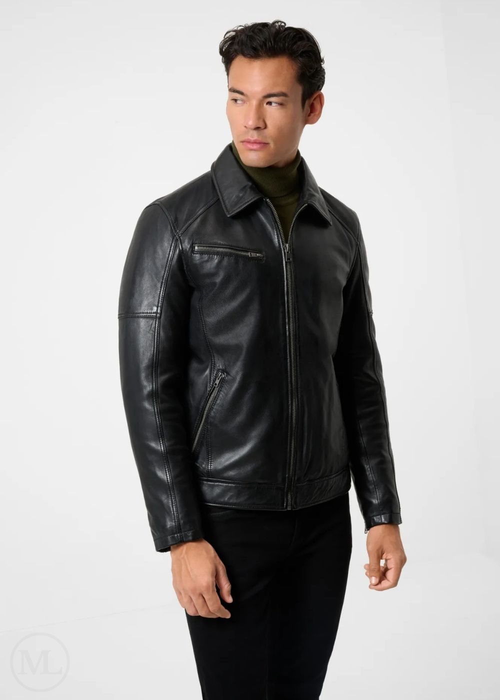 Apex - Men’s Black Nappa Leather Racer Jacket with shirt collar