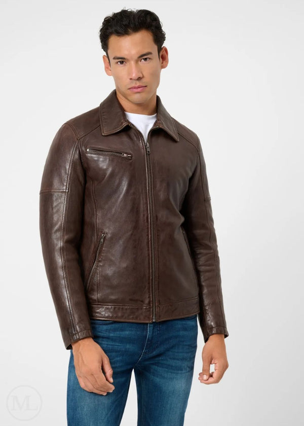 Apex - Men’s Dark Brown Nappa Leather Racer Jacket with shirt collar