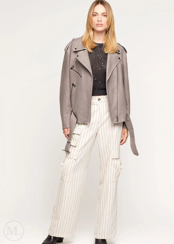 Arden - Women’s Grey Oversized Nubuck Leather Biker Jacket with Belted Waist