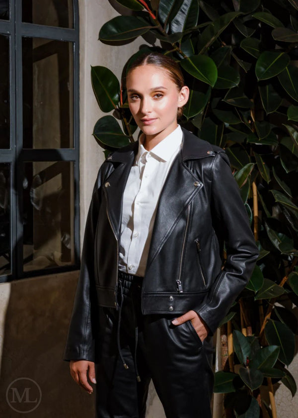 Aria – Women’s Matte Black Leather Cropped Biker Jacket with Asymmetric Zip