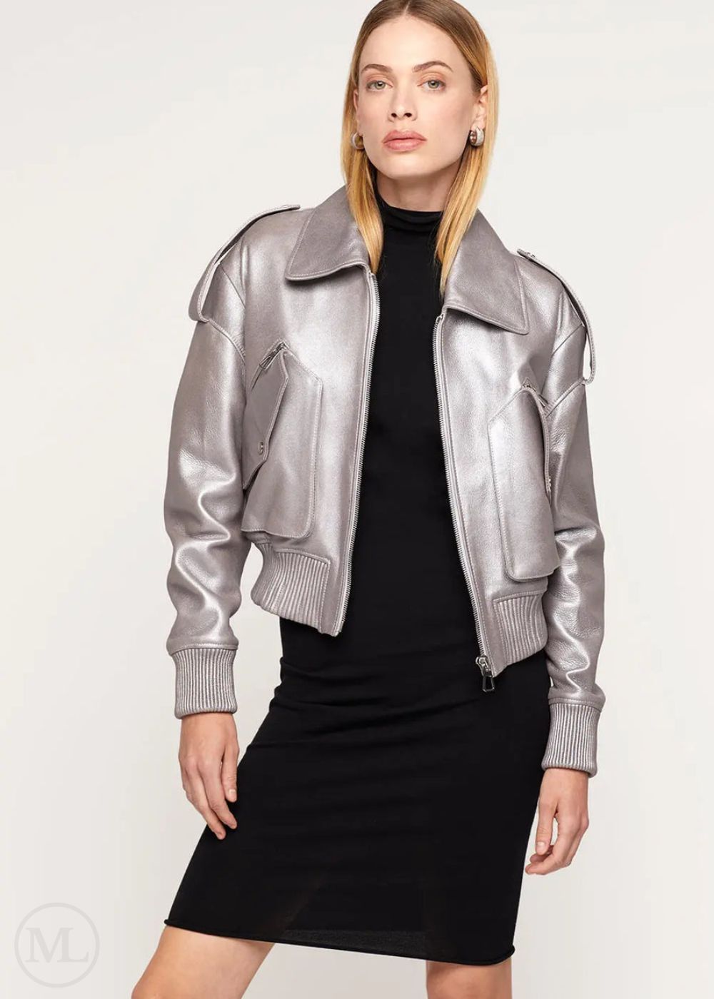 Astrid – Women’s Metallic Silver Bomber Jacket with Shearling Collar