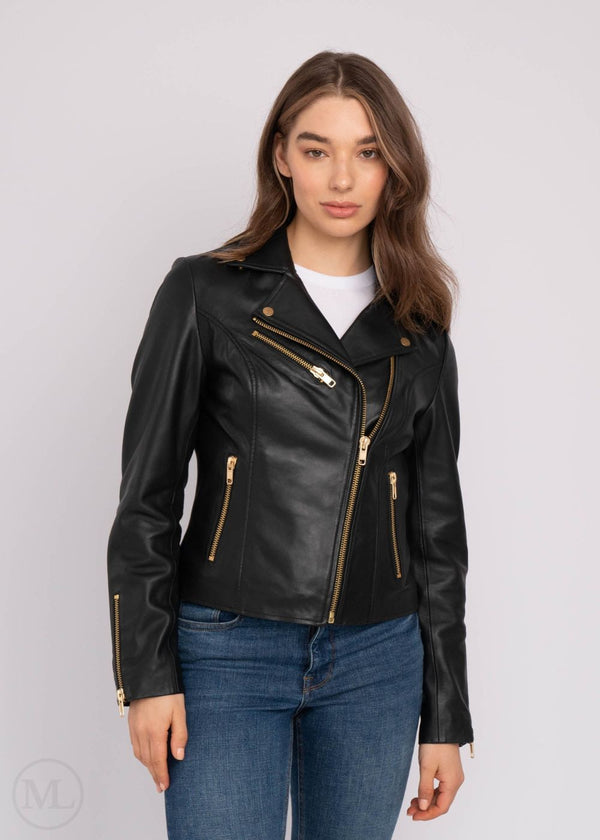 Aurelia – Women’s Black Leather Biker Jacket With Gold Hardware