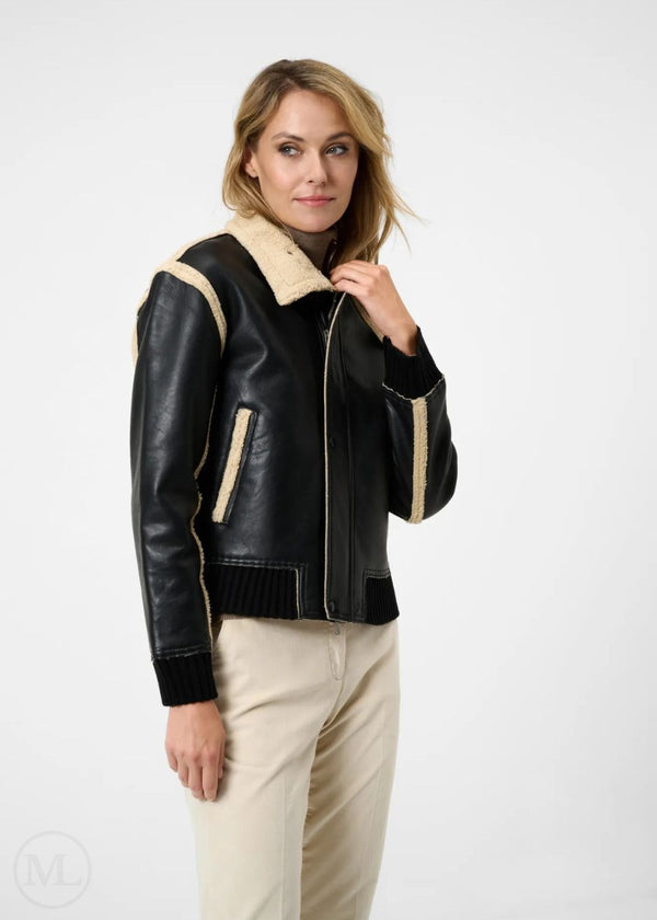 Aveline – Women’s Black Nappa Leather Aviator Jacket with Fur & Ribbed Hem