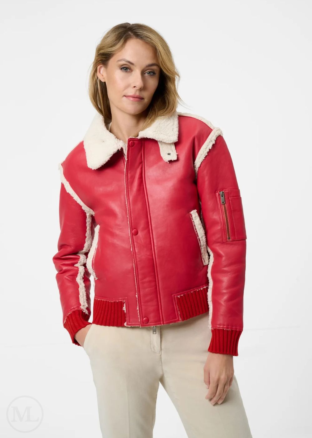 Aveline – Women’s Red Nappa Leather Aviator Jacket with Fur & Ribbed Hem