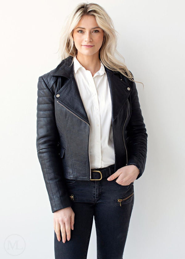 Avery – Women’s Black Slim Moto Leather Jacket with Quilted Sleeves
