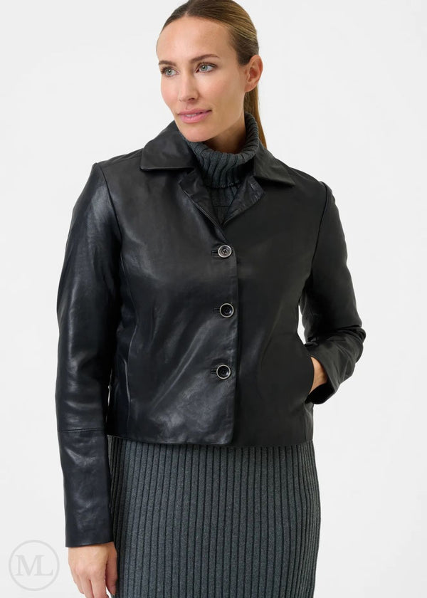 Avienne - Women's Nappa Cropped Black Leather Blazer with Notched Collar