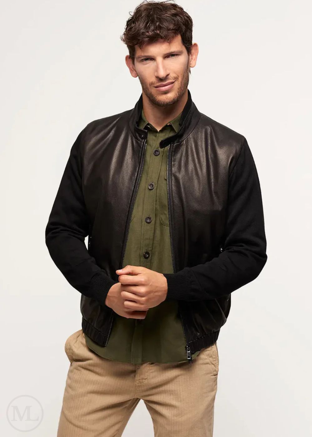 Caden – Men’s Black Leather Bomber Jacket with Wool Sleeves