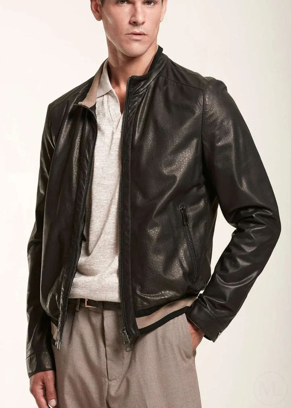 Callen – Men’s Black Leather Bomber Jacket with Ribbed Trim