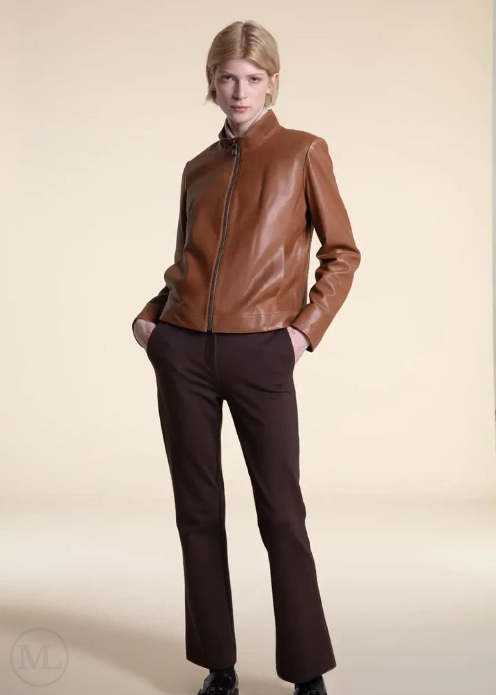 Camille – Women’s Brown Leather Moto Jacket with Stand Collar