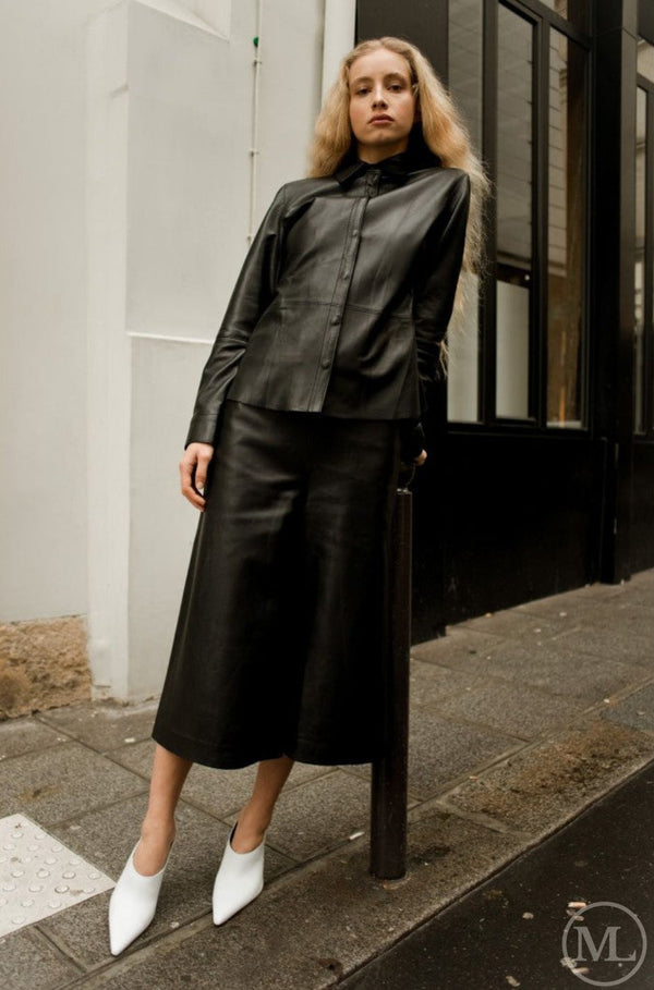 Celeste – Women’s Classic Button-Down Black Leather Shirt