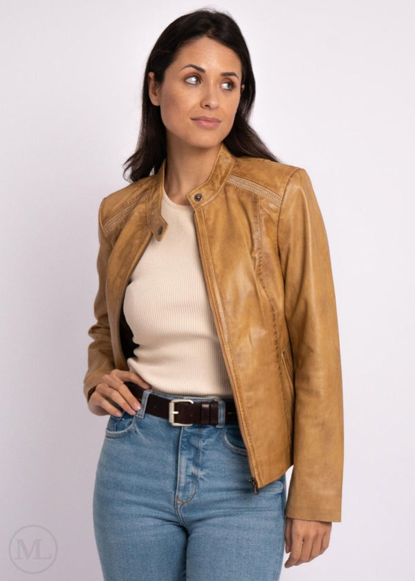 Clara – Women’s Fitted Moto Camel Leather Jacket