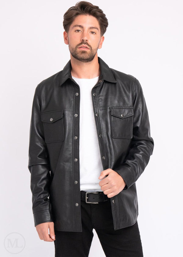 Dawson – Men’s Button-down Black Leather Shirt Jacket
