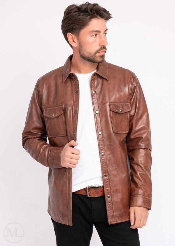 Dawson – Men’s Button-down Cognac Brown Leather Shirt Jacket