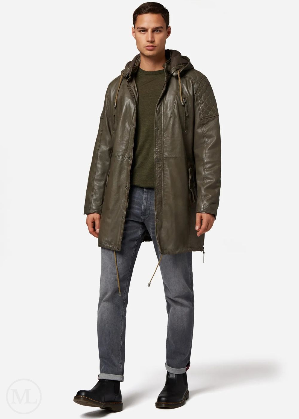 Dominic – Men’s Olive Green Hooded Nappa Leather Coat with Belt