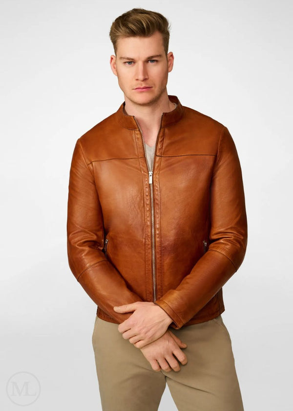Draven – Men’s Cognac Brown Nappa Leather Café Racer Biker Jacket
