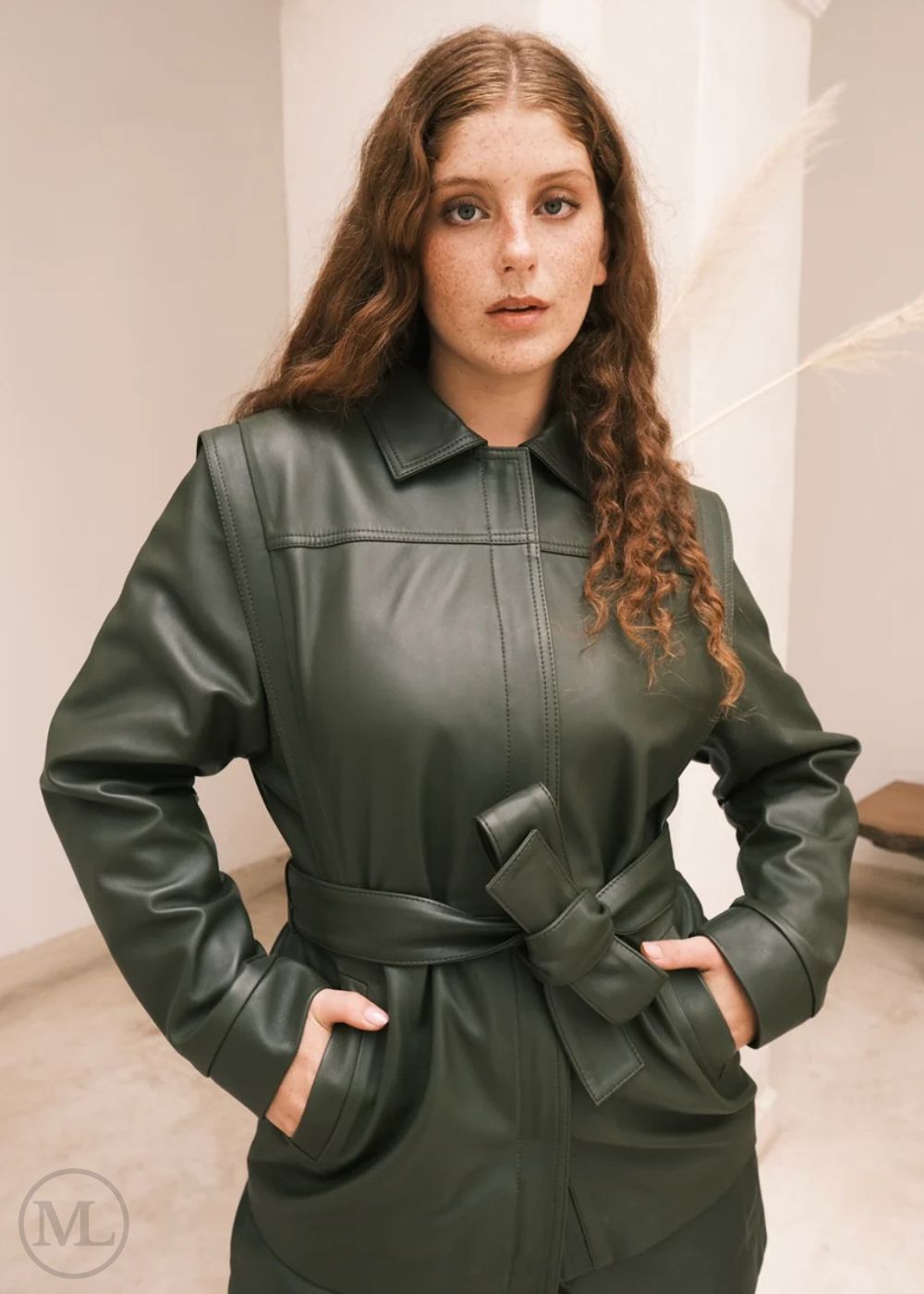 Elia – Women's Tailored Belted Khaki Lambskin Leather Jacket