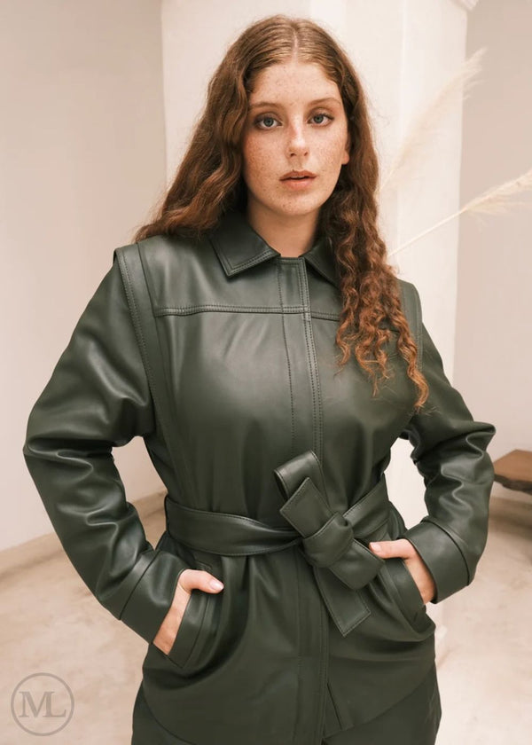 Elia – Women's Tailored Belted Khaki Lambskin Leather Jacket