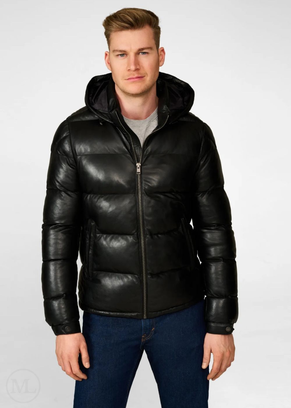 Everest – Men’s Black Quilted Nappa Leather Puffer Jacket with Hood