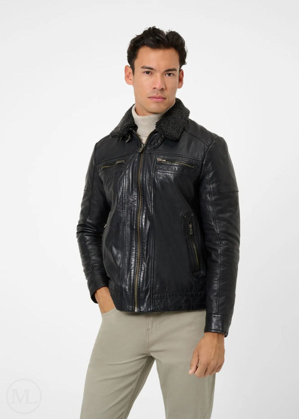 Falcon - Men's Fur Collar Black Leather Jacket with Front Pockets