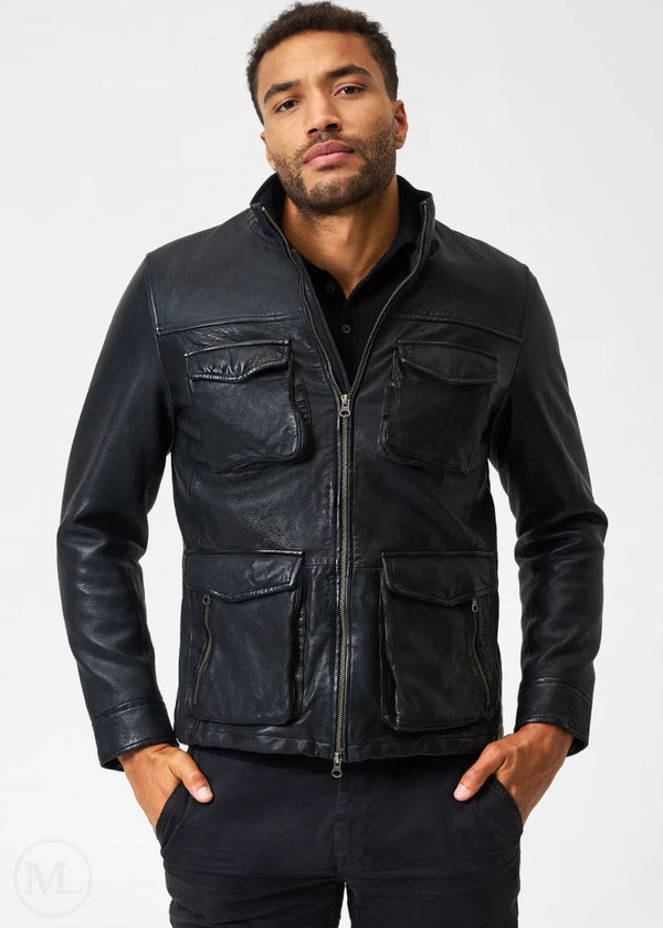 Falcon V2 – Men’s Black Nappa Leather Field Jacket with Four Utility Pockets
