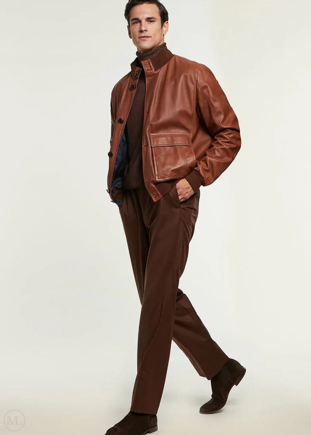 Ferrano - Men's Cognac Brown Leather Bomber Jacket with Front Flap Pockets