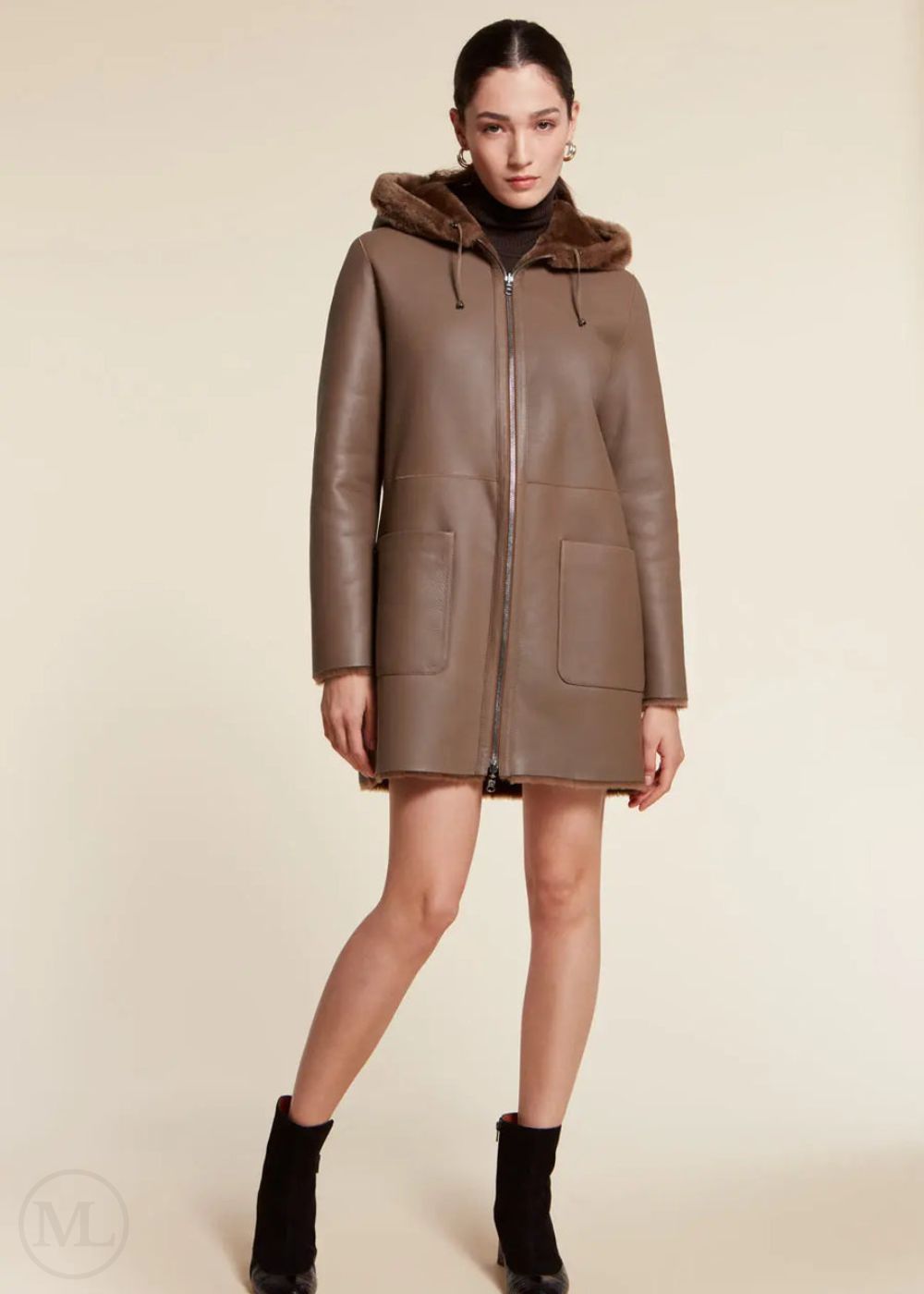 Isla – Women’s Brown Reversible Hooded Coat with Mink Fur