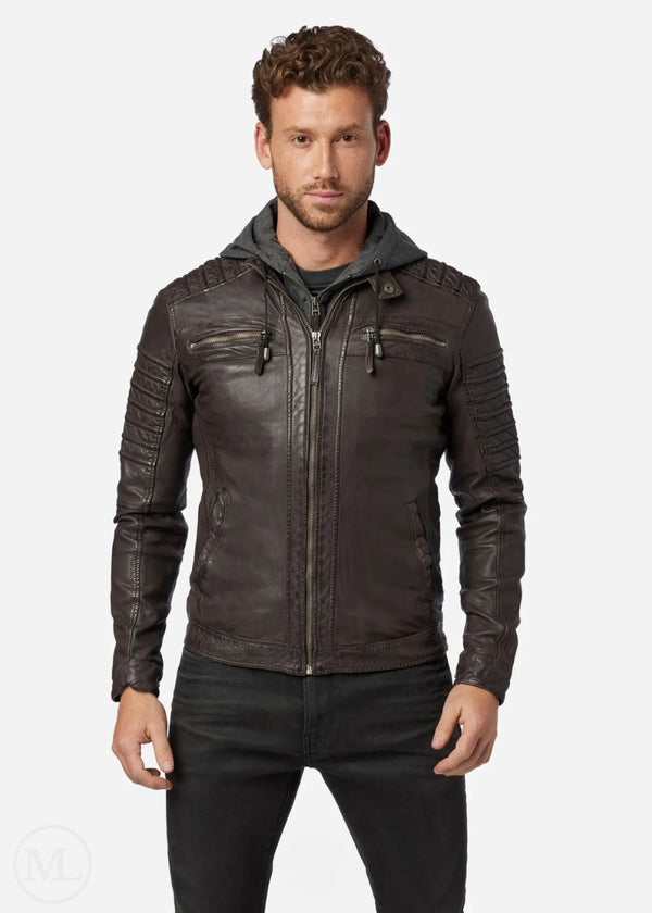 Kenton – Men’s Dark Brown Nappa Leather Biker Jacket with Removable Cotton Hood