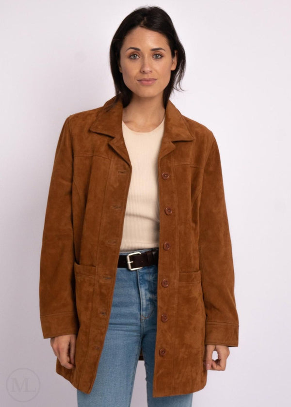 Luciana – Women’s Button-Up Long Cognac Brown Suede Leather Coat