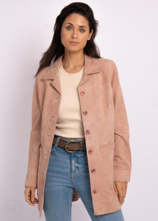 Luciana – Women’s Button-Up Long Pink Suede Leather Coat