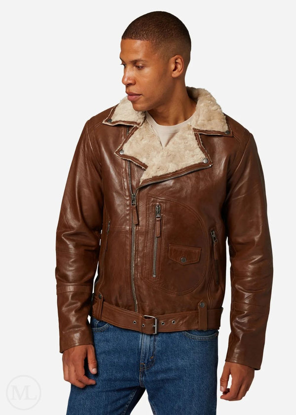 Magnus – Men’s Cognac Brown Nappa Leather Biker Jacket with Full Fur Lining