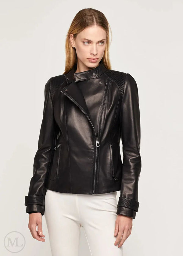 Marcella – Women’s Black Leather Moto Jacket with Ribbed Accents