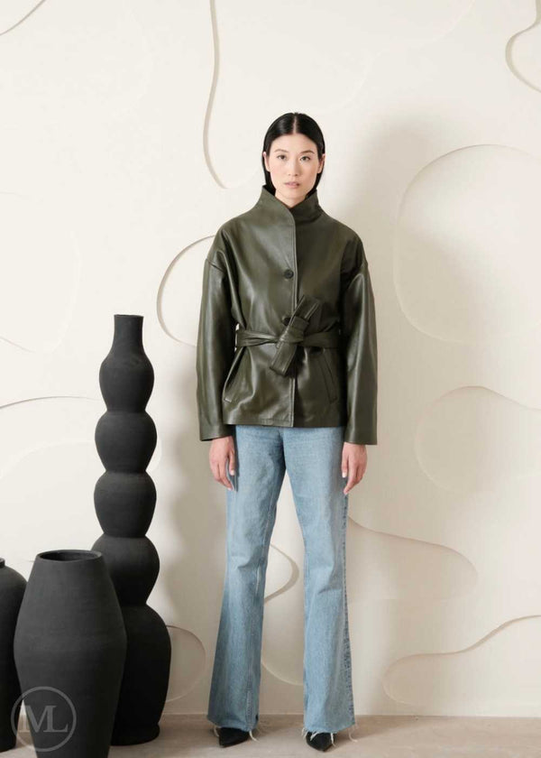 Mira – Women's Olive Green Belted Lambskin Leather Wrap Coat with High Collar