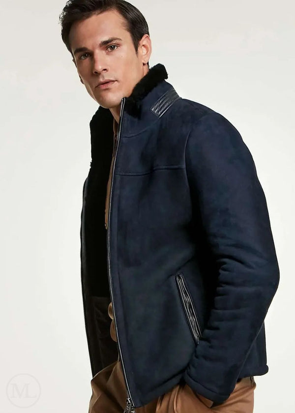 Navarre – Men’s Navy Blue Suede Shearling Jacket with Black Wool Interior