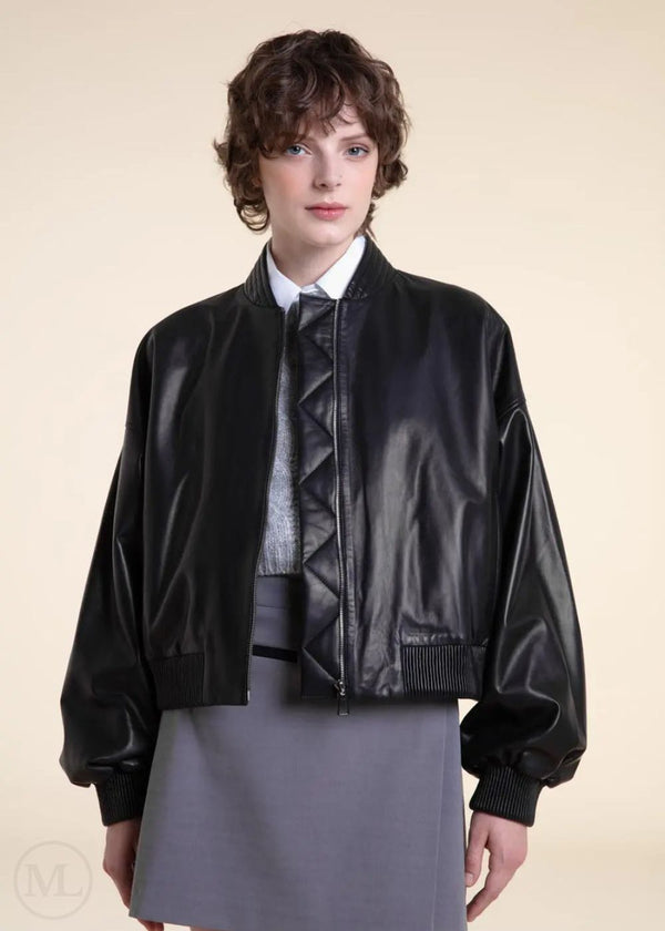 Noelle – Women’s Black Oversized Leather Bomber Jacket