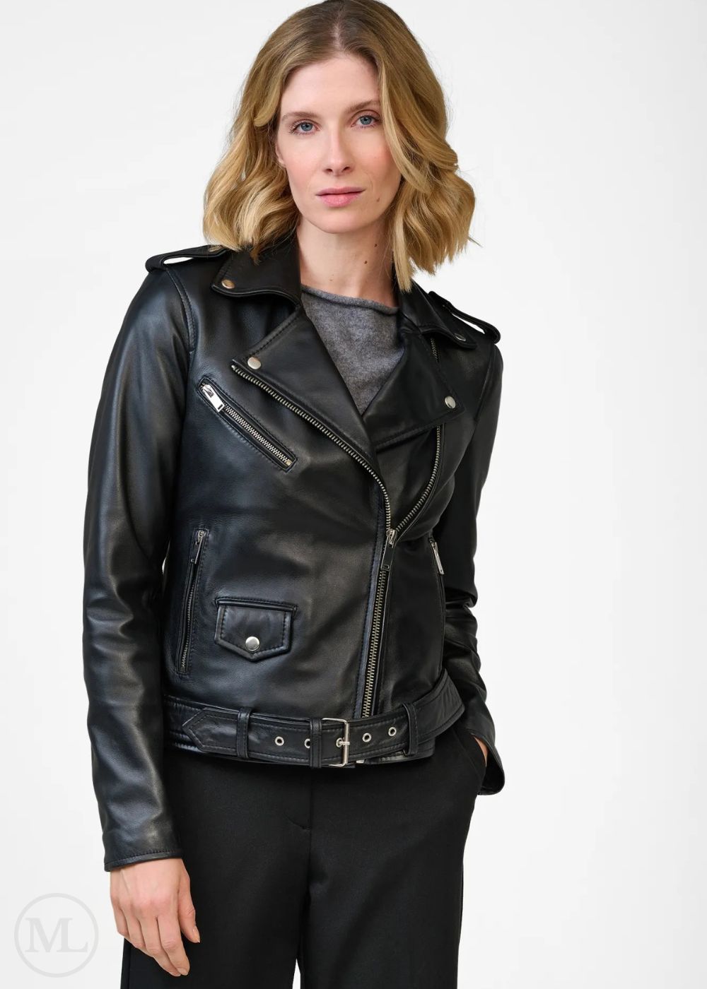 Riviera – Women’s Black Nappa Leather Biker Jacket with Belted Waist