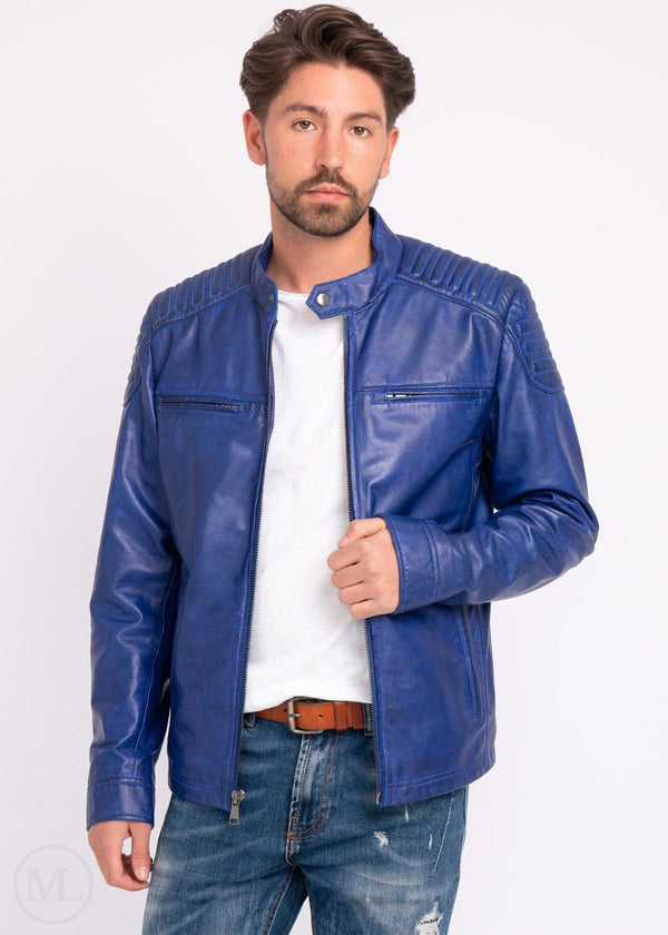Rogue – Men’s Blue Leather Motorcycle Jacket with Quilted Shoulders