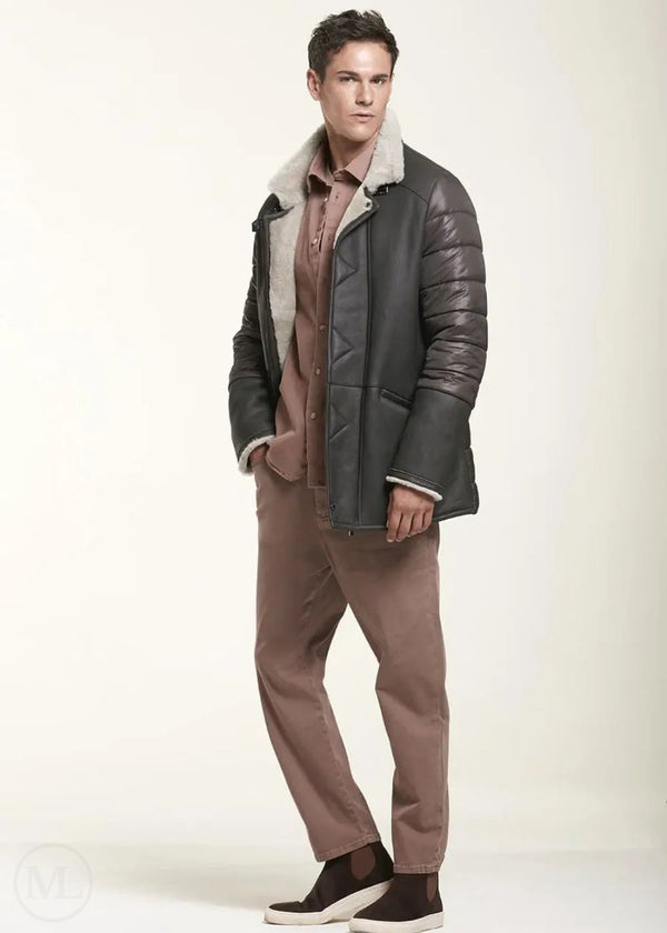 Ronan 2.0 – Men’s Brown Shearling Leather Jacket with Quilted Puffer Back & Sleeves