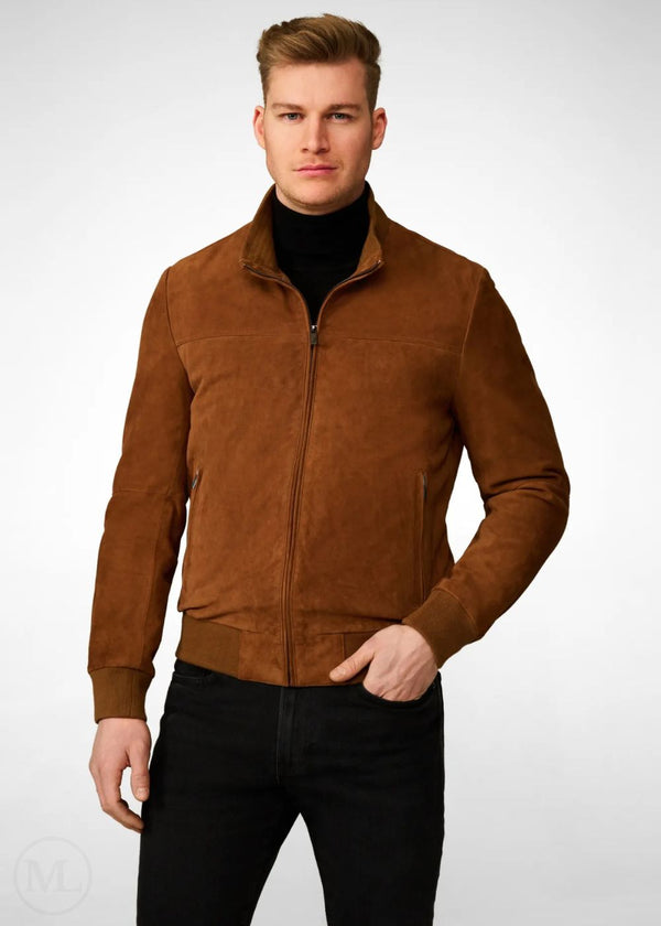 Rowan – Men’s Cognac Brown Suede Bomber Jacket with Band Collar
