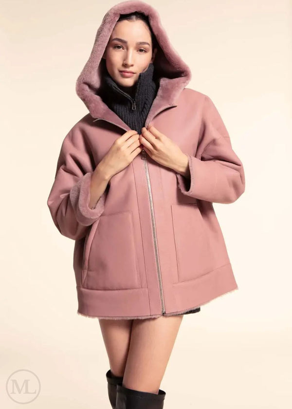 Serena – Women’s Dusty Rose Sheepskin Hooded Jacket with Shearling