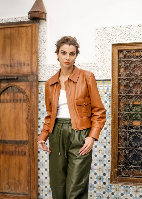 Sienna V2– Women's Brown Cropped Lambskin Leather Utility Jacket