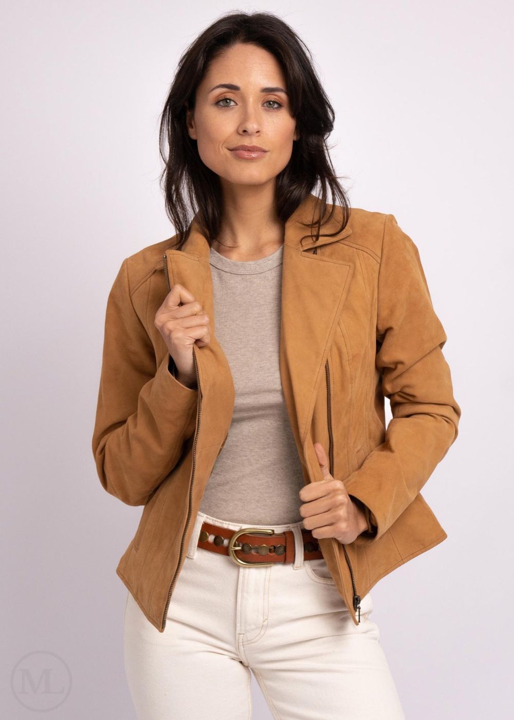 Sienna – Women’s Fitted Camel Suede Biker Jacket