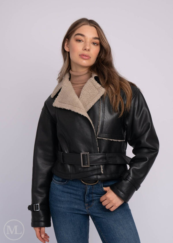 Skylar – Women’s Black Cropped Shearling Aviator Leather Jacket
