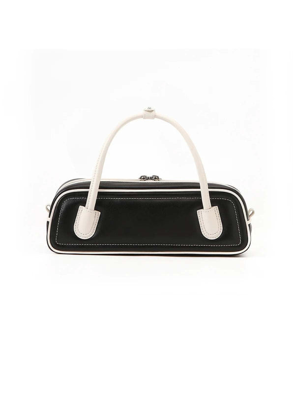 The Celia – Women's Black & Cream Two-Tone Sheepskin Leather Baguette Bag | Structured Top Handle Crossbody