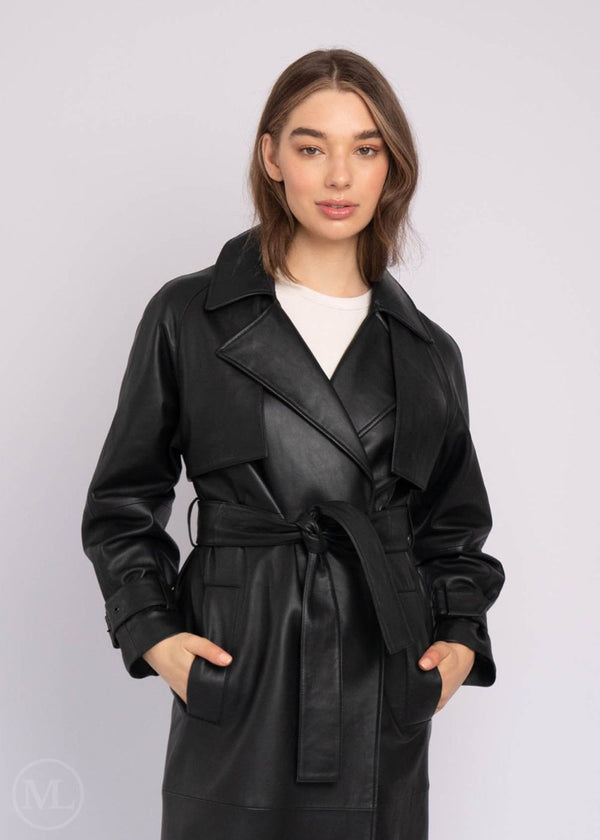 Valencia – Women’s Long Belted Black Leather Trench Coat with Storm Flap & Lapel Collar