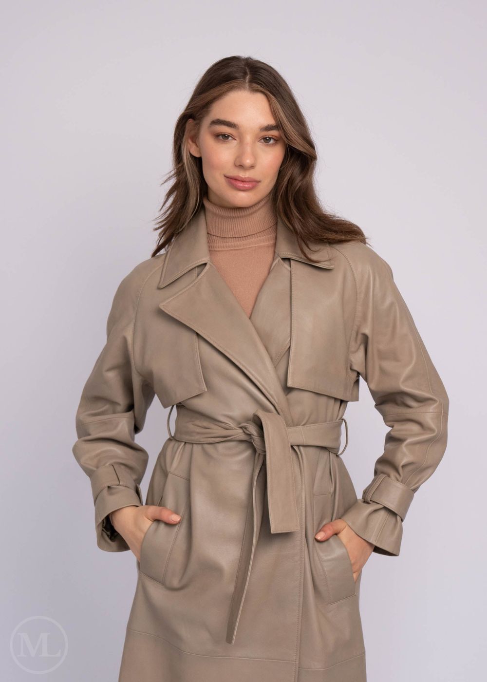 Valencia – Women’s Long Belted Taupe Leather Trench Coat with Storm Flap & Lapel Collar