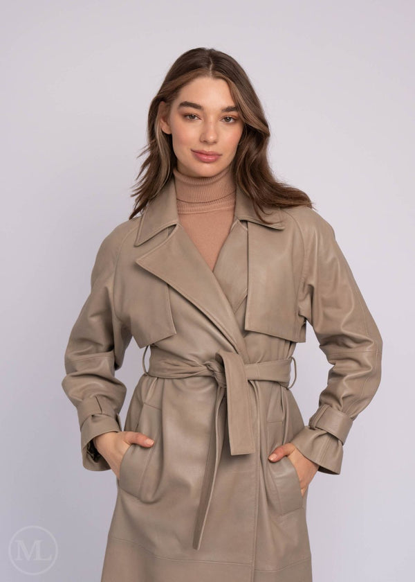Valencia – Women’s Long Belted Taupe Leather Trench Coat with Storm Flap & Lapel Collar
