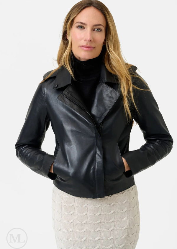 Valenne – Women’s Nappa Black Leather Cropped Jacket with Spread Collar & Epaulet Detail