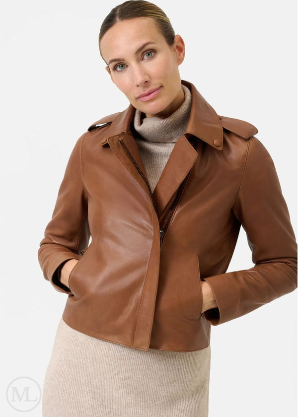 Valenne – Women’s Cognac Brown Nappa Leather Cropped Jacket with Spread Collar & Epaulet Detail