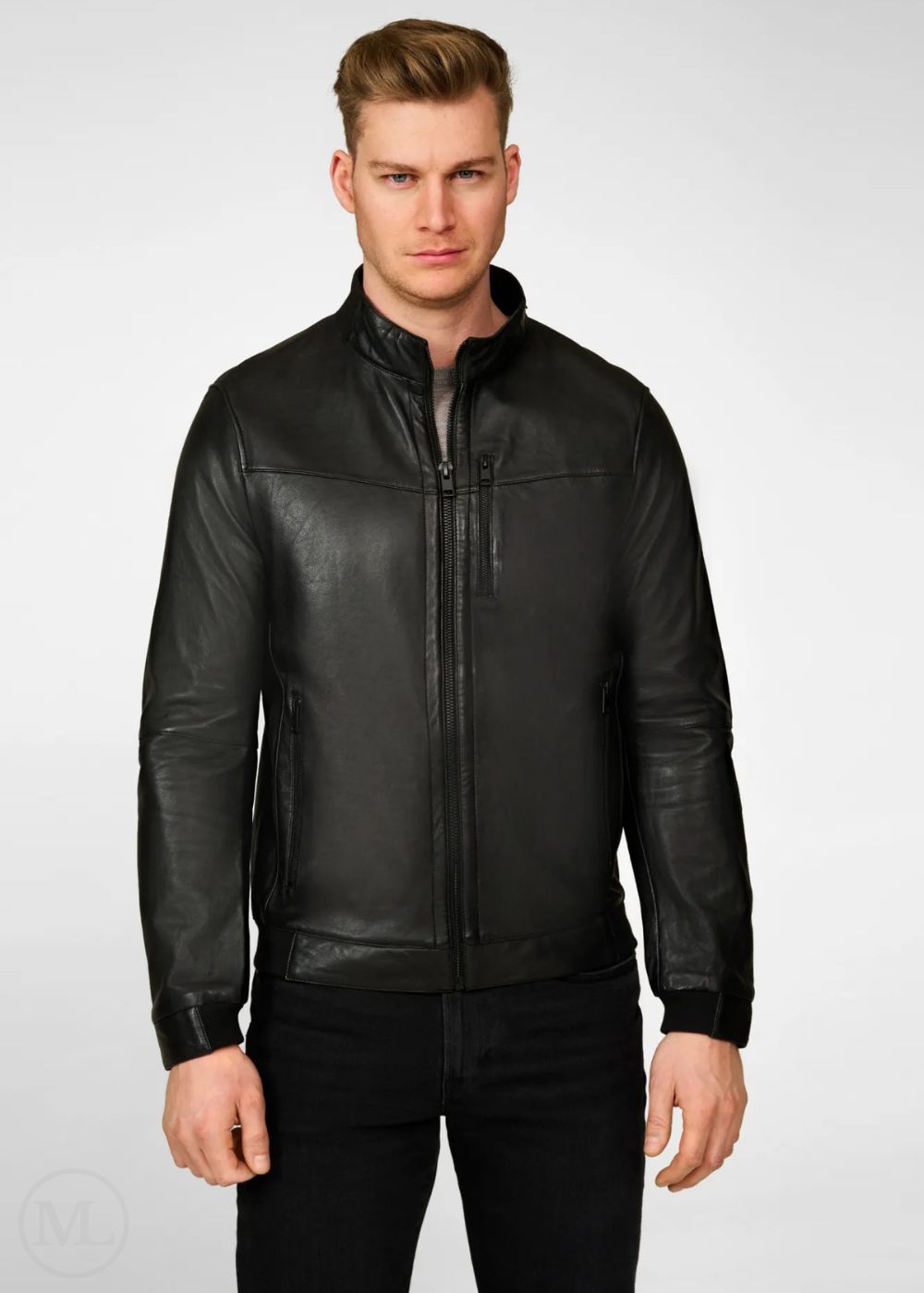 Vanguard – Men’s Black Nappa Leather Bomber Jacket with Stand-Up Collar